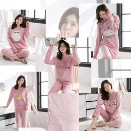 Home Clothing Winter Women Pyjamas Sets Thick Warm Coral Velvet Pyjamas Suit Female Flannel Long Sleeve Cartoon Pink Animal Print Sleepwear