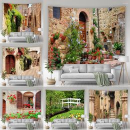 Tapestries Landscape Tapestry Flower Wall Italian Street Scenery Spring Flowers Plants Modern Art Hanging Decoration Living Room Mural