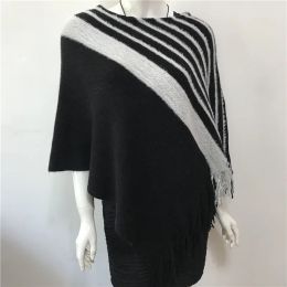 2024 Spring Autumn New Women Knitted Cloak Diagonal Stripe Color Matching Knitted Poncho Cape Tassel Cloak Sweater Shawl Red