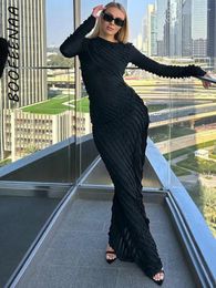 Casual Dresses BOOFEENAA Sexy Elegant Frilly Maxi Dress Long Sleeve Black Party For Women 2024 Fall Fashion Clothing C70-DD36