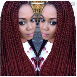Hot selling burgundy twist braided lace front wigs full hand tied synthetic Frontal wig for african americans