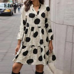 Casual Dresses Vintage Female V Neck Mini Party 2024 Spring Flare Sleeve Loose Dress Fashion Dot Print Women Pleat A-Line