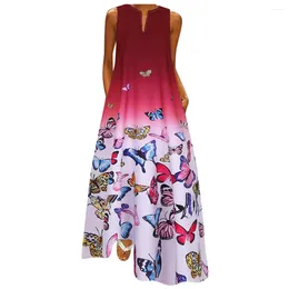 Casual Dresses Women Plus Size Butterfly Print Daily Sleeveless Vintage Boho V Neck Maxi Dress Evening Loose Women'S Summer