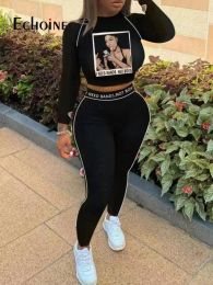 Dresses Echoine Women Sports Black Twopiece Ladies Sexy Picture Letter Print Round Neck Long Sleeve Crop Top Trousers Ing Outfits