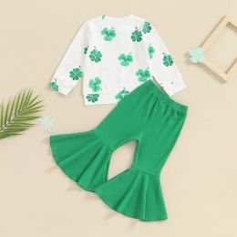 Yccutest My First St Patrick s Day Baby Girl Outfits Infant Long Sleeve Four Leaf Clover T Shirt Ribbed Flared Pants Set