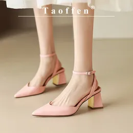 Sandals Taoffen Genuine Cow Leather Square Heel Women Modern Closed Pointed Toe Buckle Strap Solid Heels Shoes