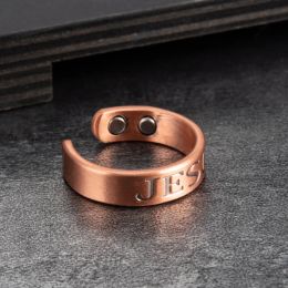 Vinterly Pure Copper Magnetic Rings JESUS Open Cuff Adjustable Jewelry Vintage 6mm Wedding Bands Resizable Finger Mens Ring