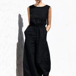 Fashion Buttoned Women Jumpsuit Solid Cotton Linen Round Neck Sleeveless Pocket Playsuit Ladies Elastic Waist OnePiece Pants 240409