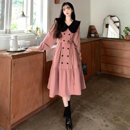 Casual Dresses Bump Colour Stitching Pocket Elegant Temperament Fishtail Skirt Autumn Long Sweet Pink Lapel Big Yards Dress