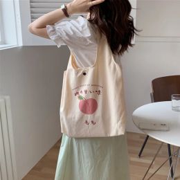 Cute Strawberry Tote Bag Aesthetic for School Girls Purses Shopper Designer Handbag Japanese Women Peach Print Eco Shoulder Bags