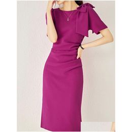 Basic Casual Dresses 0C40M712 Eveovni Womens Summer Dress European Celebrity Style Senior Big Bow Pleating Wrap Buttocks Skirt Drop De Dh2Pm