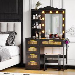 LED Makeup Vanity Table with Charging Station,Dressing Table with AC Outlets & USB & Type-C Ports,4 Drawers,Hair Dryer Rack