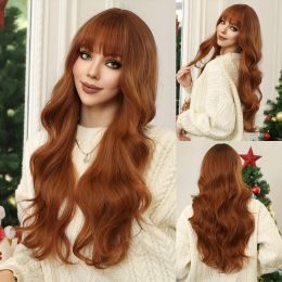 Long Body Wave Wigs with Bangs Brown Daily Party Wigs for Women Natural Soft Comfortable Synthetic Hair High Temperature Fiber