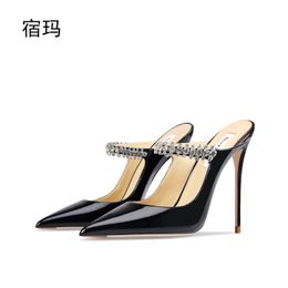 2023 Summer Women Sandals High Heel Slippers Crystal Decoration Pointed Toe Back Strap Elastic Band Elegant Fashion Shoes Ladies 240327