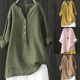 Women's Blouses Women Solid Linen Shirt V Neck Button Long Sleeve Blouse Summer Casual Shirts Plus Size For Female Loose Streetwear