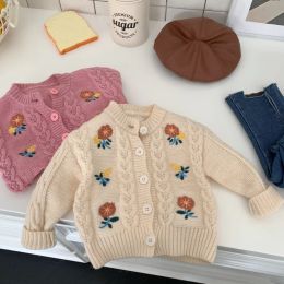 Autumn Toddler Girls Flowers Embroider Cardigan Coat Kids Clothing Spring Baby Girl Printing Twist Knitted Sweater Children Tops