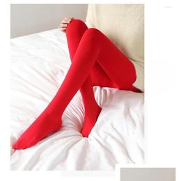 Socks & Hosiery Women Thermal Pantyhose Woman Fleece Tights Y Winter Warm Solid Red Stockings Slim Thicken Elastic Veet Female Leggin Dhmu2