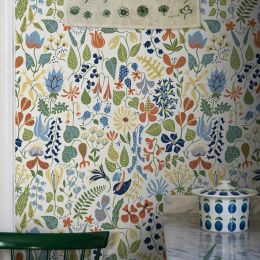 Herbarium wallpaper with intricately drawn flowers and leaves against white backdrop, Scandinavian Wallpaper