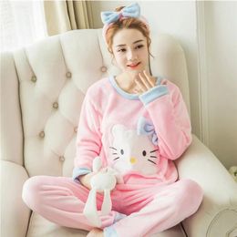 Home Clothing 2024 Girl's Hello KT Flannel Pajamas Sets Cute Animal Cartoon Winter Warm Sleepwear Suit Unisex Clothes For Women Wholesale