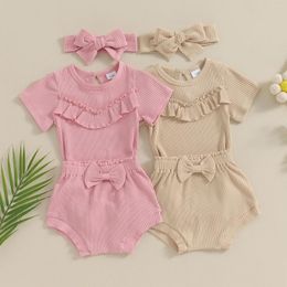 Clothing Sets 0-18M Baby Girl Summer Knit Outfits Solid Colour Rib Ruffles Short Sleeve Rompers Shorts Headband 3Pcs Cute Girls Clothes Set