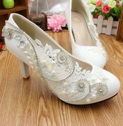 Custom Made Bridal Wedding Shoes 2021 Platforms Kitten High Heel Lace Pearls Crystals White Party Shoes for Brides Bridesmaid Roun8633532