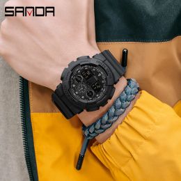 SANDA 2022 New Outdoor Sports Mens Watches Luminous LED Display Multifunctional Chronograph 50M Waterproof Men Quartz Watch 3099