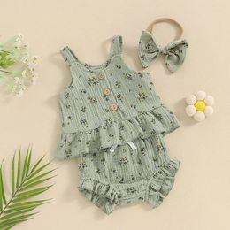 Clothing Sets Baby Girl Summer Set Round Neck Floral Print Tank Tops Elastic Waist Frill Trim Shorts Headband Toddler 3 Piece Outfits