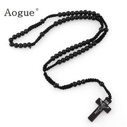 Pendant Necklaces 8mm Catholic Blackwood Rose Pearl Orthodox Cross Wood Womens Rope NecklaceQ
