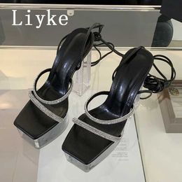 Dress Shoes Liyke Transparent Thick Bottom Square Toe Chunky Platform Sandal Women Ultra High Heels Fashion Lace Up Ladies Banquet Prom Shoe H240409 NY2Y