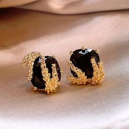 Stud Earrings French Design Fashion Jewellery Gold Plated Block Black Crystal Wheat Ear Elegant Women's Daily Work Accessories