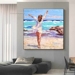 Girl Beach Canvas Painting Art Tropical Hawaii Beach Wall Art Decor Handmade Woman Seascape Artwork Ocean Impasto Oil Painting Seascape Figural Art For Living Room