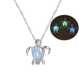 Pendant Necklaces 3-color turtle luminous necklace female hollow animal corn cake cage pendant silver necklaceQ