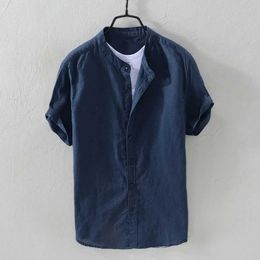 Men's Polos Mens luggage cotton linen pocket shirt solid color short sleeved vintage shirt summer quick drying shirt Camisa HombreL2405