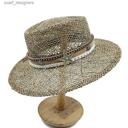 Wide Brim Hats Bucket Hats 2023 New Summer Natural Brine Straw Hat Handwoven Hat Flat Top Hat Womens Flower Embroidered Patch Straw Hat French Beach Hat Y240409