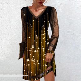 Casual Dresses Fashion Dress Women Black V Neck Gazue Sequins Long Sleeved Female Party Club Ladies Short 2024