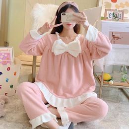 Home Clothing Winter Pajamas Suit Female Flannel Bow Nightwear 2PCS Sleep Sets Coral Fleece Warm Clothes Thick Homewear Ruffles Lingerie