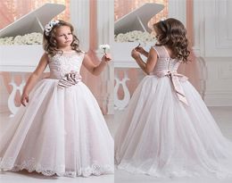 Spring Flower Girl Dresses Sheer Appliqued Jewel Baby Girl Children Party Dress Sweep Train Gowns For Communion With Bow8092314