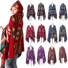 New Ethnic Bohemian Hooded Cape Shawl Cowhorn Buckle Tribal Fringe Jacket Striped Cardigans Blankets Cape Tassels Poncho Coat