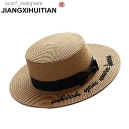 Wide Brim Hats Bucket Hats 2017 Summer new Embroidery Letter Boater Hat Ribbon Round Bow Flat Top Wide Brim Straw Hat Women Fedora Panama Hat free shipping Y240409