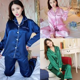 Home Clothing Autumn Solid Colour Simulation Silk Lapel Shirt Pants Thin Pyjamas S Women Can Wear Casual Fashion Comfortable Nightwear