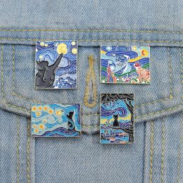 Custom Fun Starry Night Cats Enamel Pins Van Gogh Oil Painting Brooches Badges Lapel Backpack Animal Art Jewellery Gifts Wholesale