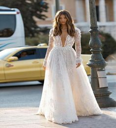 Elegant Gown Berta Wedding Dresses Sexy Deep V Neck Backless 3D Flora Lace Appliques Beach Bridal Custom Robe De Mariee5049980