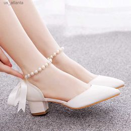 Dress Shoes Crystal Queen Women Sexy Pumps White Silk Beading Bride Pointed Toe Buckle Strap Sandals 4CM Thick High Heels H240409