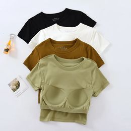 Womens TShirts Short Sleeve with Padded Wireless Bust Base Layer Tops Round Neck Crop Cotton Female Blouse Outwear C5544 240409