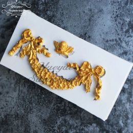 Yueyue Sugarcraft flower garland with ribbons silicone mold fondant mold cake decorating tools chocolate gumpaste mold