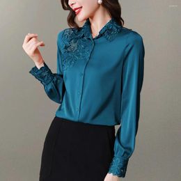 Women's Blouses Korean Silk Shirts Women Sexy Hollow Out Embroidery Office Basic Tops Long Sleeve Blusas Mujer De Moda 2024 J155