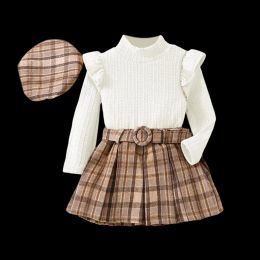 Baby Girls Spring Autumn Ruffle Long Sleeve Solid Tops+Plaid Pleated Skirt+Belt+Beret Four-piece Suit 2-7Years Kids Clothes Suit