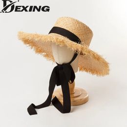 Women Raffia Straw hat summer Sun Hats Fashion Ribbon Girl 52cm Kids Wide brim Uv Protection Ladies Beach Hats240409