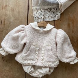 2023 Winter New Baby Girl Lapel Plush Sweatshirt Toddler Puff Sleeve Warm Clothes Plus Velvet Thick Infant Girl Pullover Tops