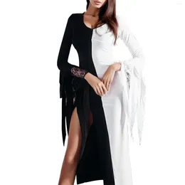 Casual Dresses Halloween Black White Patchwork Long Dress For Women Gothic Tassel Batwing Sleeve Party Witch Cosplay Sexy